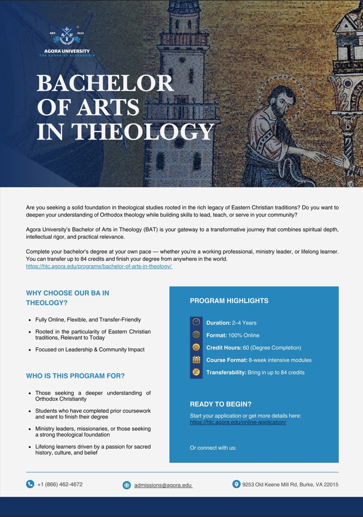 Complete Bachelor of Arts in Theology program details including duration, format, credit hours, transferability, and contact information for AHOS and Agora University