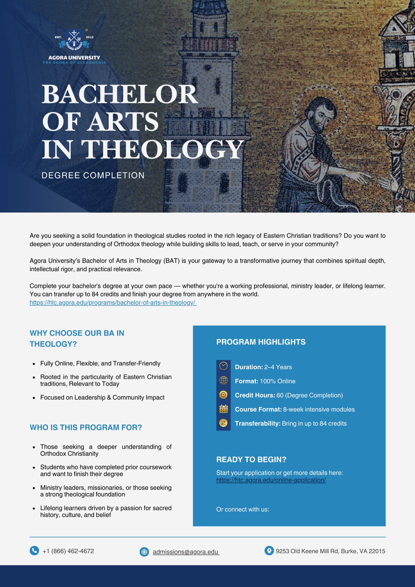 Complete Bachelor of Arts in Theology program details including duration, format, credit hours, transferability, and contact information for AHOS and Agora University